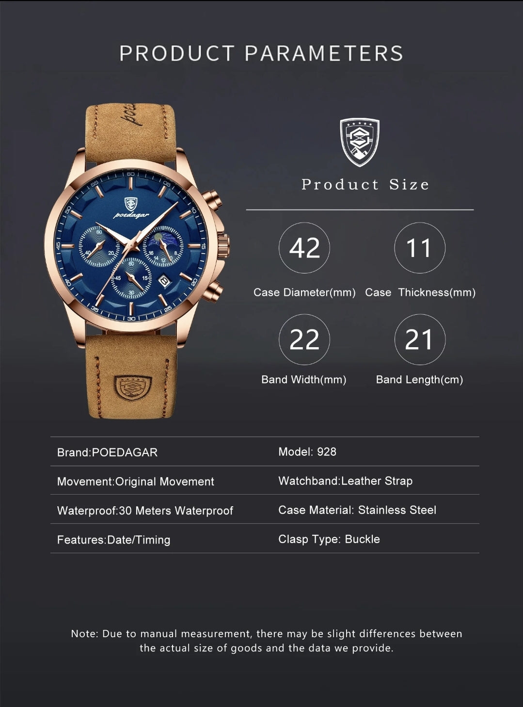 ساعة Poedagar Chrono 928 الجلدية