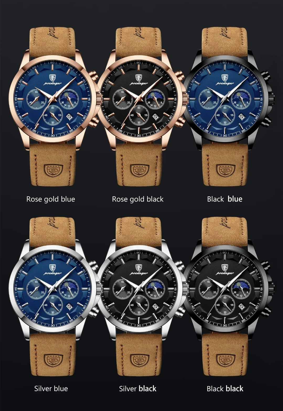 ساعة Poedagar Chrono 928 الجلدية